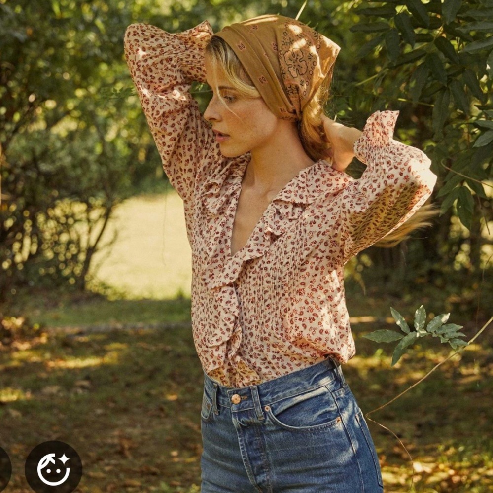 Doen Hardy Floral Ruffle Blouse Top XS Rust Songbird Paisley